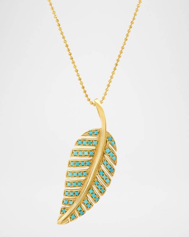 18K Yellow Gold Large Leaf Necklace with Turquoise